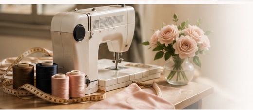 Sewing machine, thread and tailoring tools in a soft boutique studio